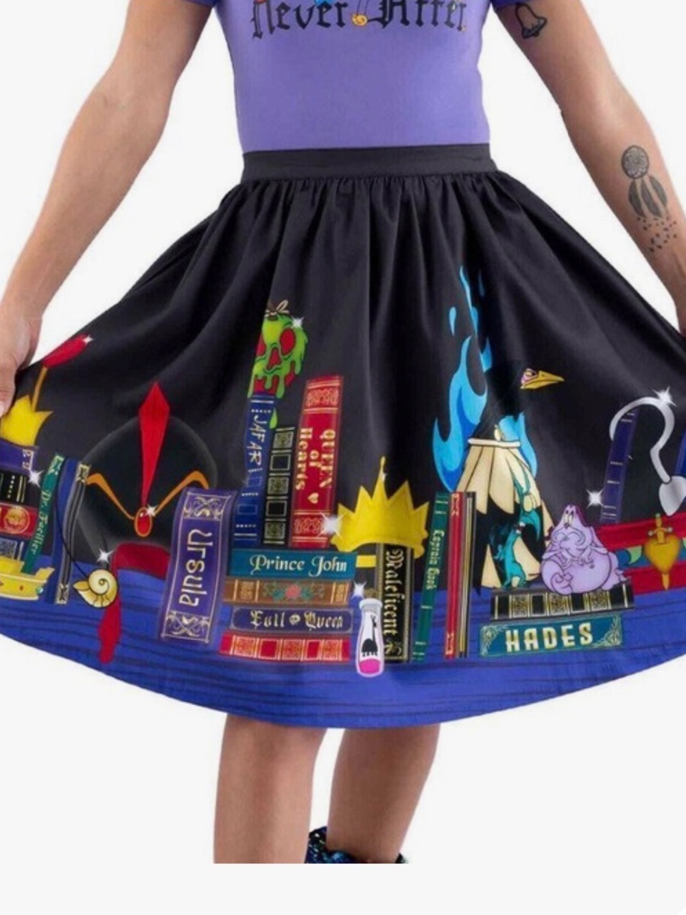 Loungefly Black Skirt with Colorful Villain Book Border and Blue Hem
